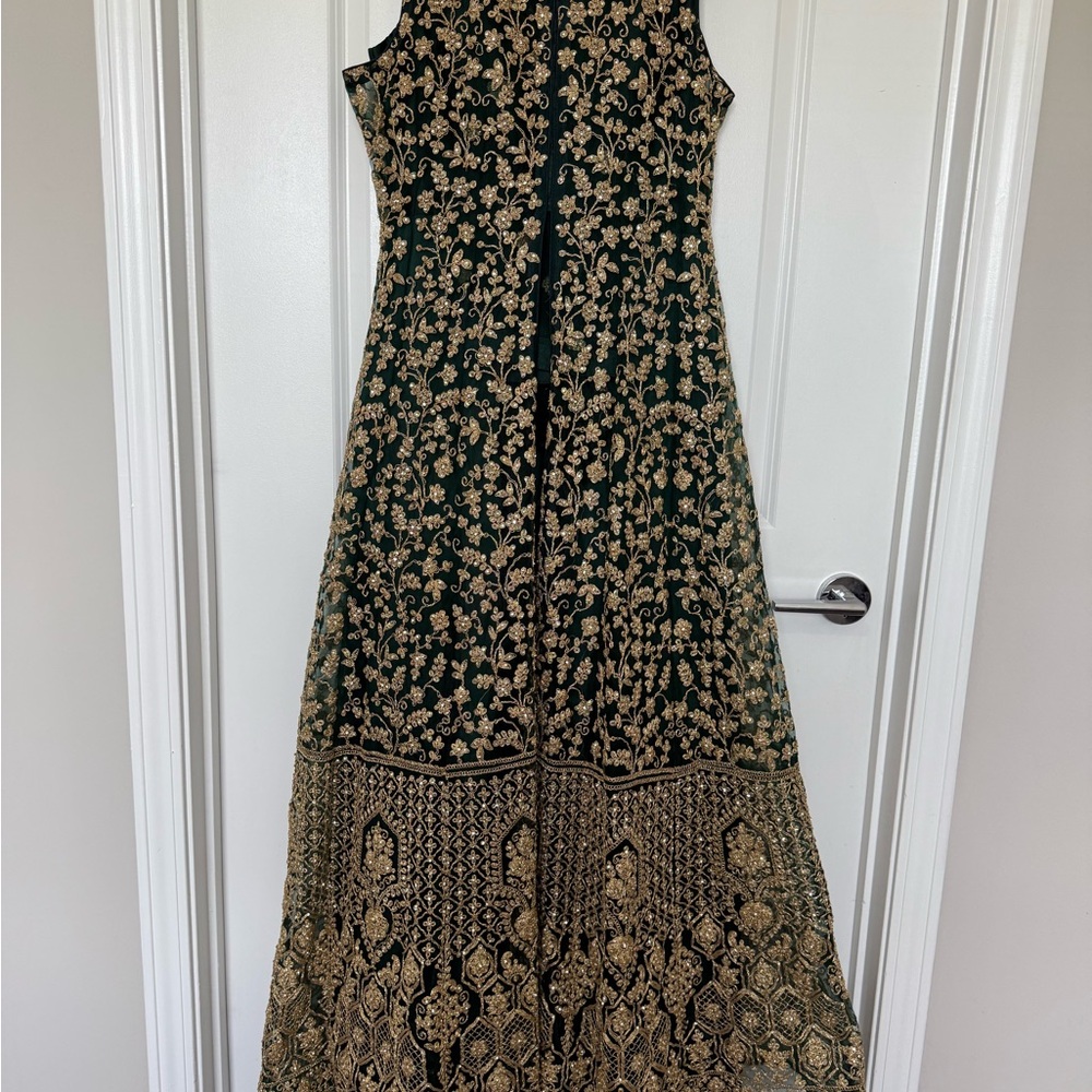 Elegant Green and Gold Embroidered Dress